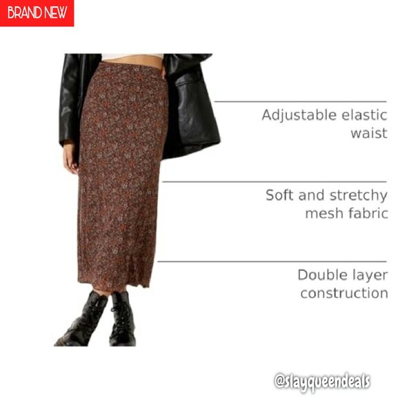 Women's Floral Mesh Midi Skirt Elastic High Waist Bohemian Summer - Picture 5 of 8